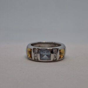 Anillo aguamarina y citrino con diamantes
